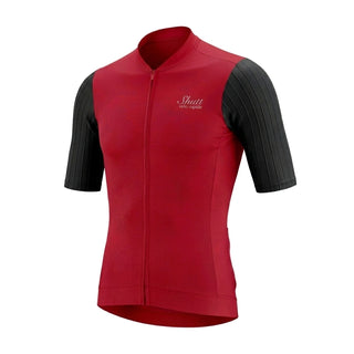 Red cycling jersey with black sleeves on a white background